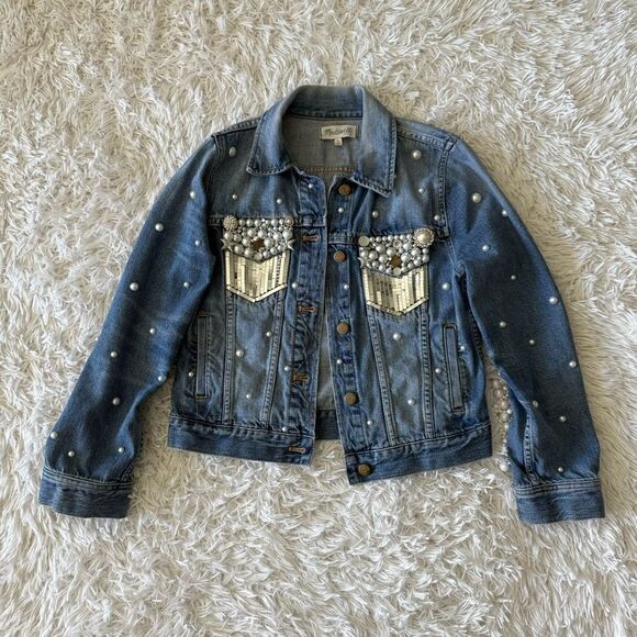 Madewell Custom Rhinestone Cowgirl Bachelorette Disco Fringe Jean Jacket Size M - Picture 5 of 10